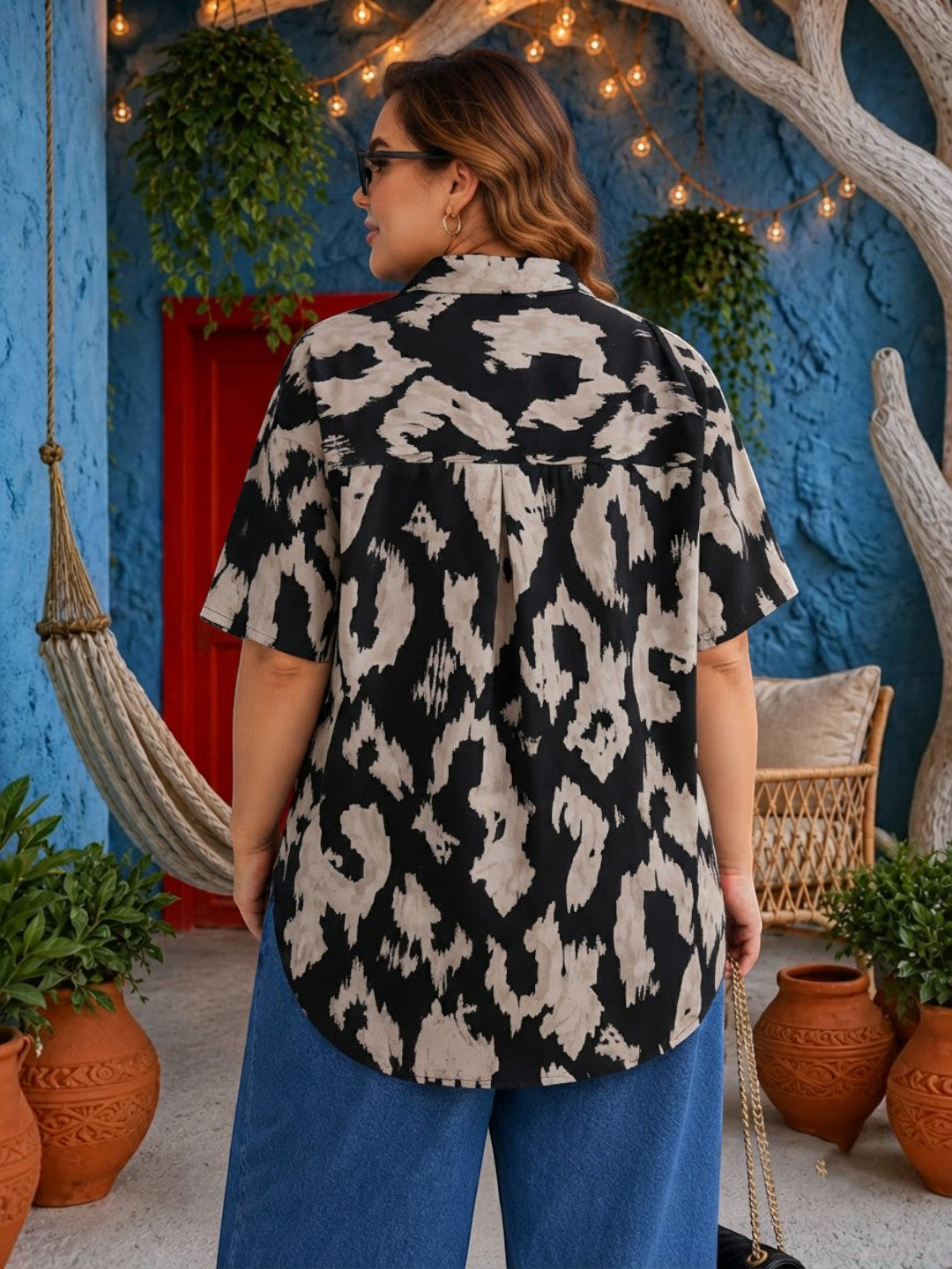 Women Plus Size Black Abstract Animal Print Shirt Oxolloxo