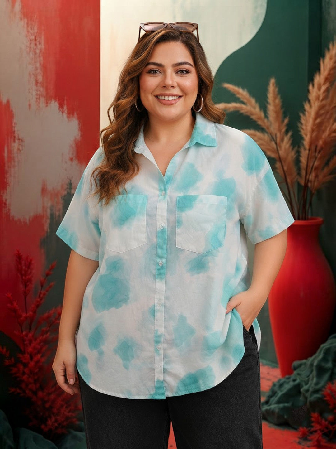 Women Plus Size Blue Marble Print Cotton Shirt Oxolloxo