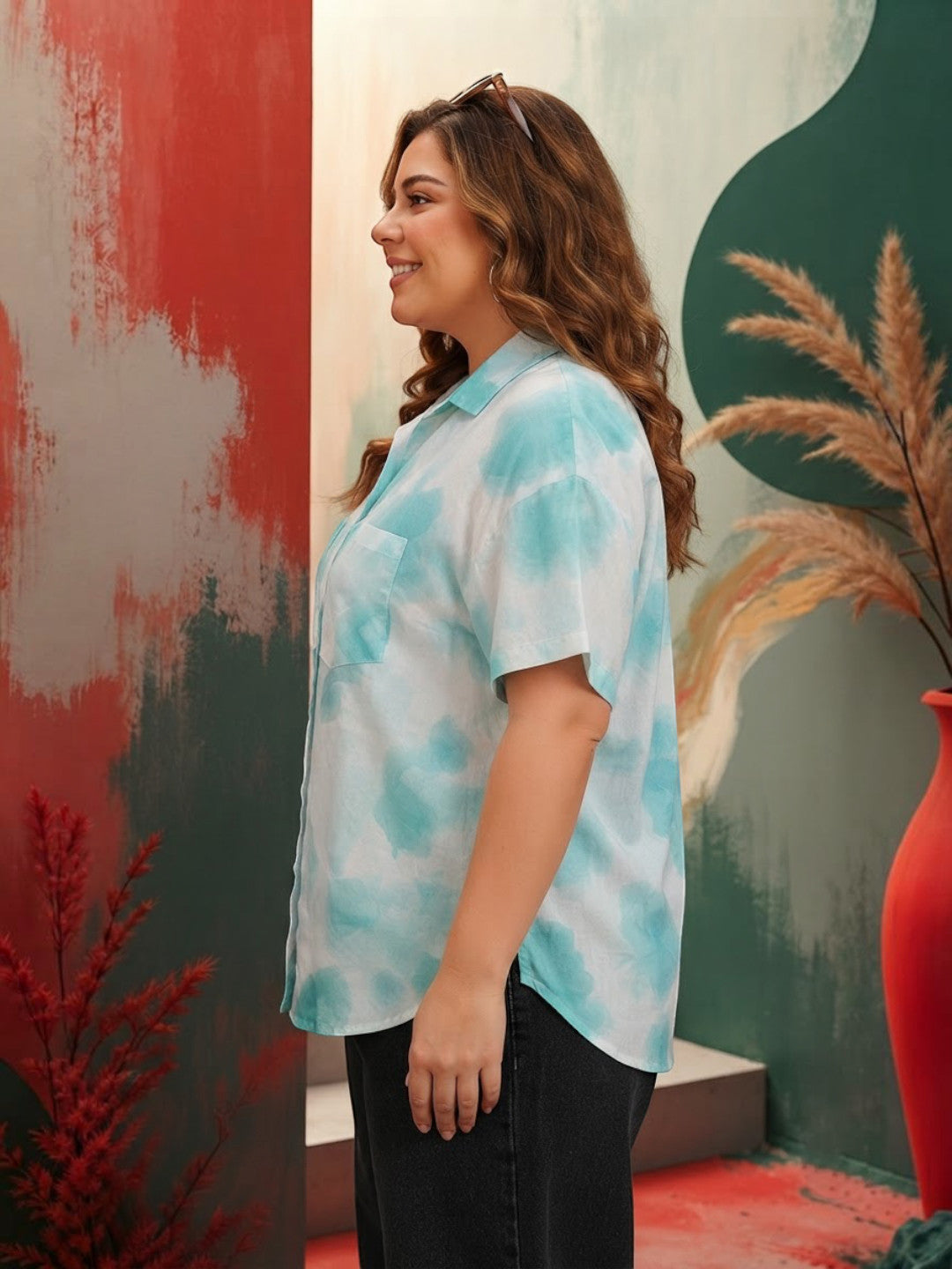 Women Plus Size Blue Marble Print Cotton Shirt Oxolloxo