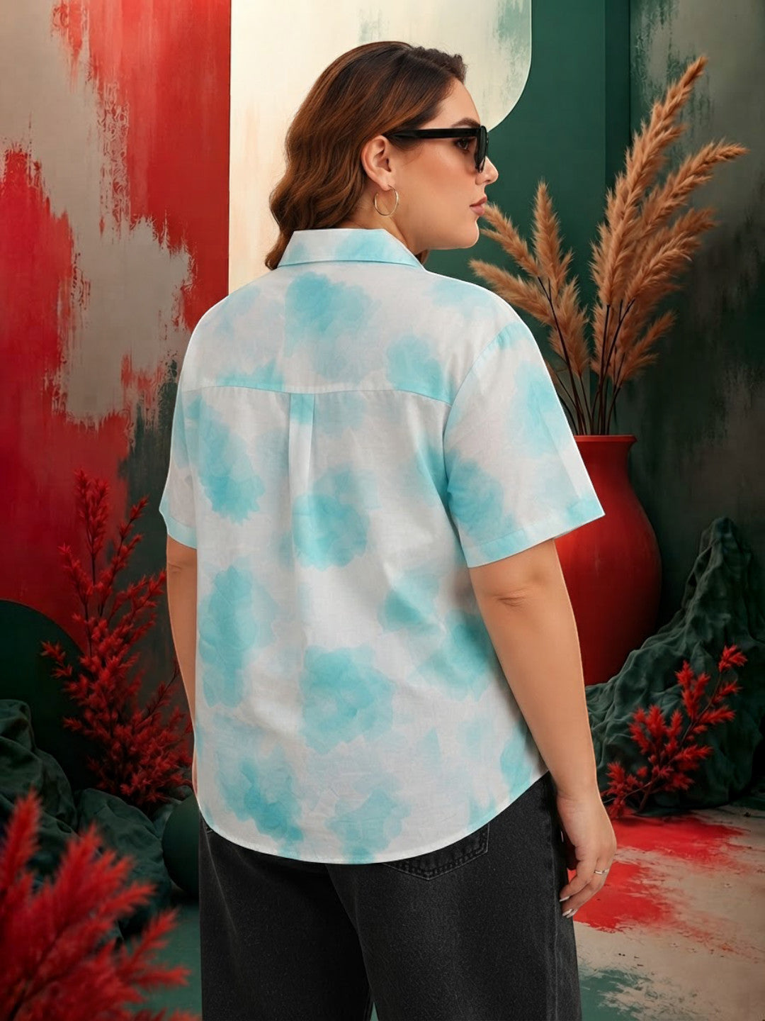 Women Plus Size Blue Marble Print Cotton Shirt Oxolloxo