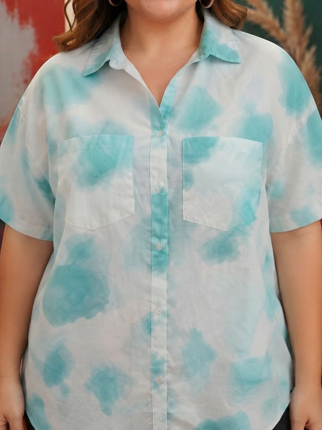 Women Plus Size Blue Marble Print Cotton Shirt Oxolloxo