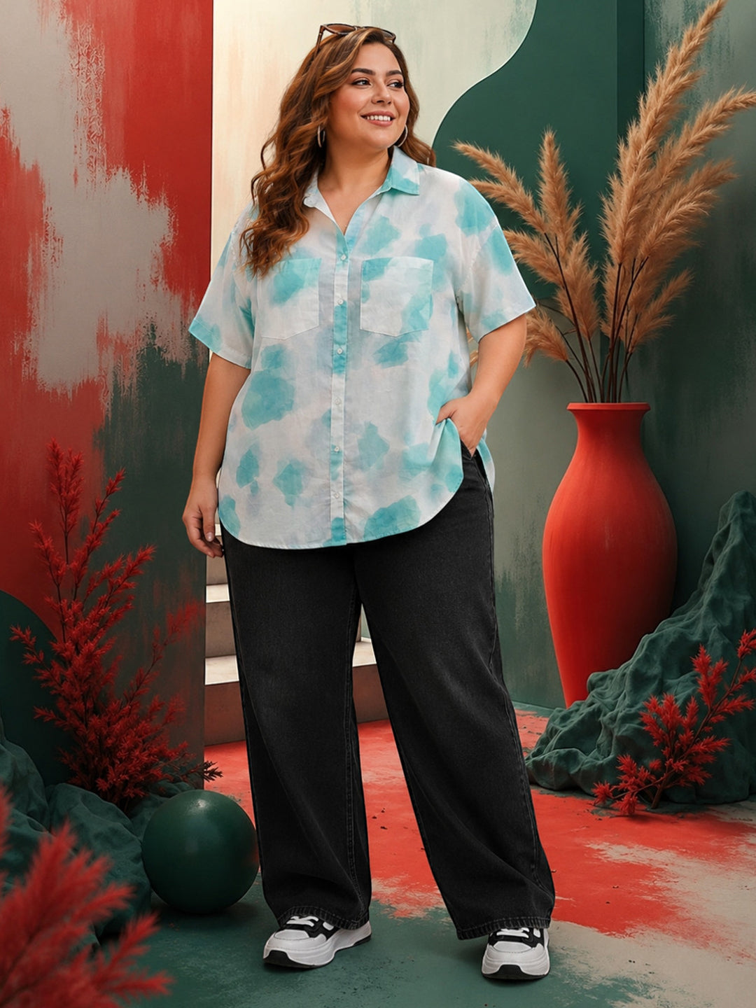 Women Plus Size Blue Marble Print Cotton Shirt Oxolloxo