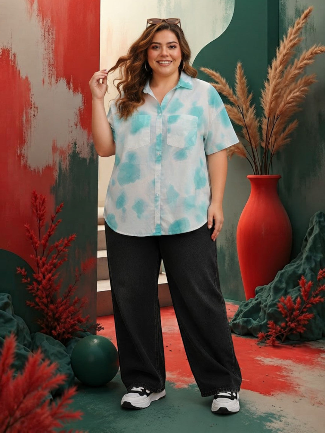 Women Plus Size Blue Marble Print Cotton Shirt Oxolloxo