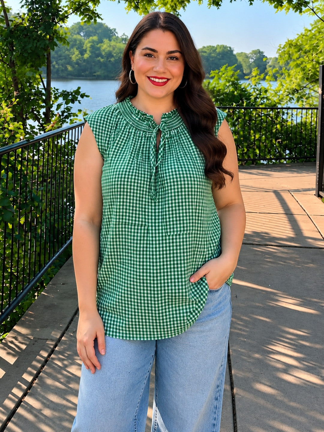 Women Plus Size Green Check Print Round Keyhole Neck Tie-Up Detail Sleeveless Cotton Top
