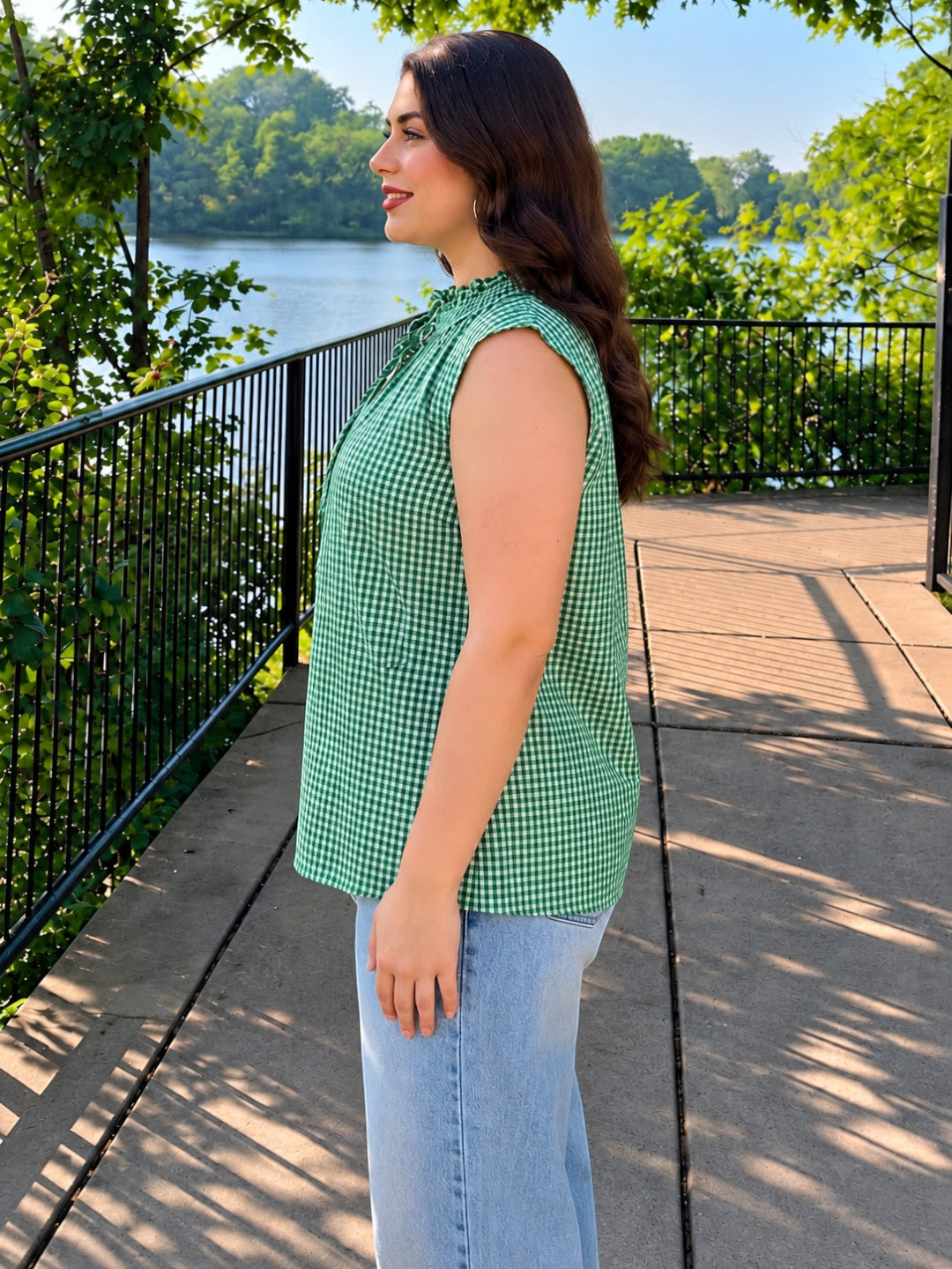 Women Plus Size Green Check Print Round Keyhole Neck Tie-Up Detail Sleeveless Cotton Top