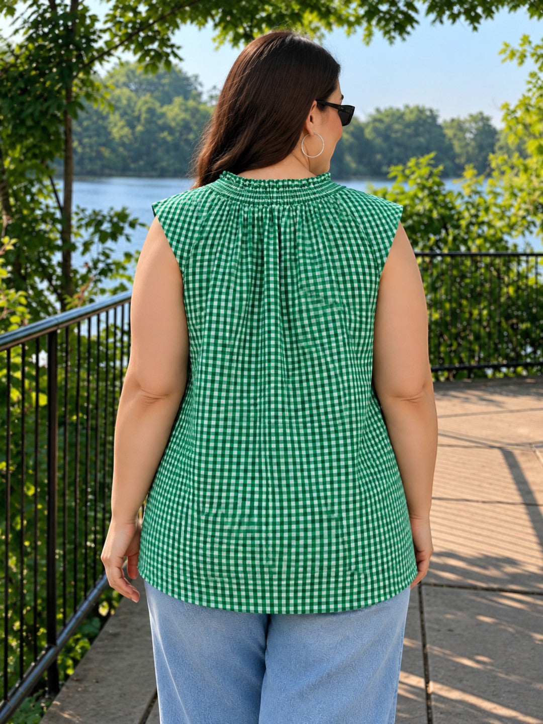 Women Plus Size Green Check Print Round Keyhole Neck Tie-Up Detail Sleeveless Cotton Top