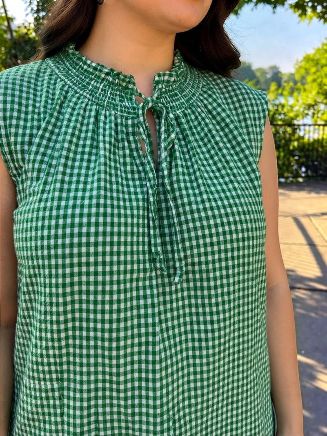 Women Plus Size Green Check Print Round Keyhole Neck Tie-Up Detail Sleeveless Cotton Top