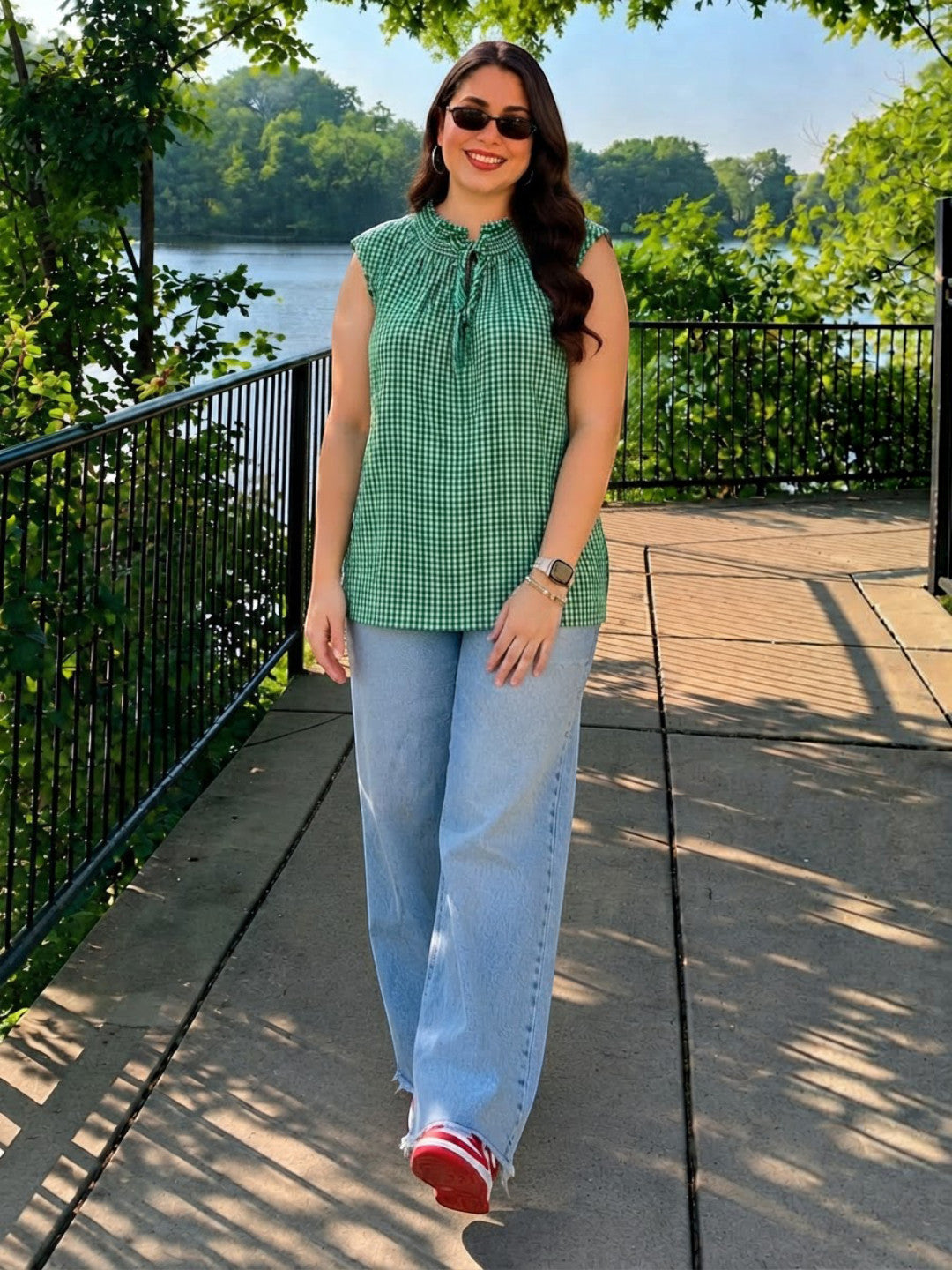 Women Plus Size Green Check Print Round Keyhole Neck Tie-Up Detail Sleeveless Cotton Top