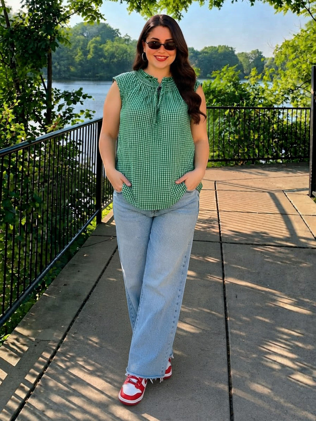 Women Plus Size Green Check Print Round Keyhole Neck Tie-Up Detail Sleeveless Cotton Top