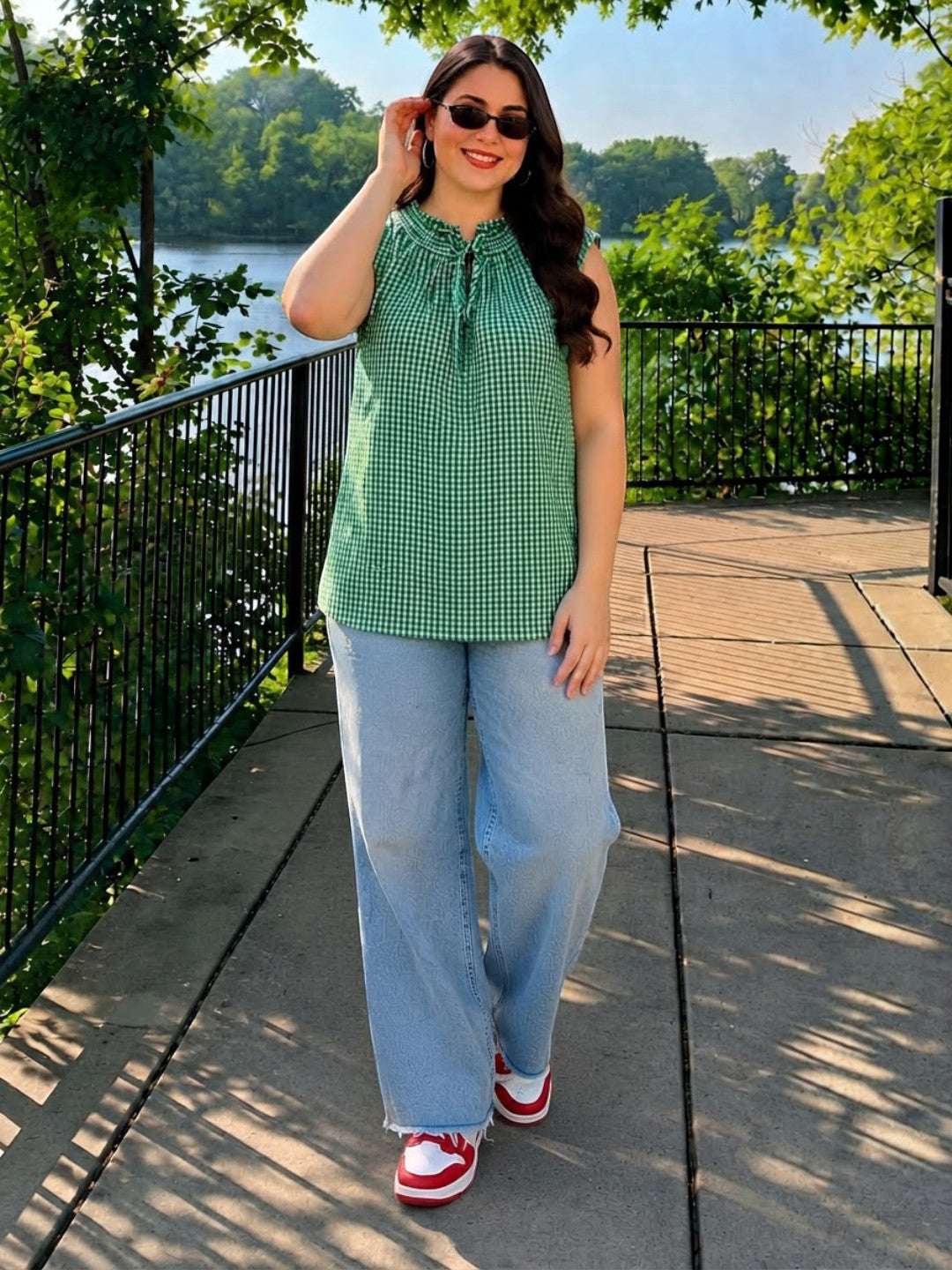 Women Plus Size Green Check Print Round Keyhole Neck Tie-Up Detail Sleeveless Cotton Top