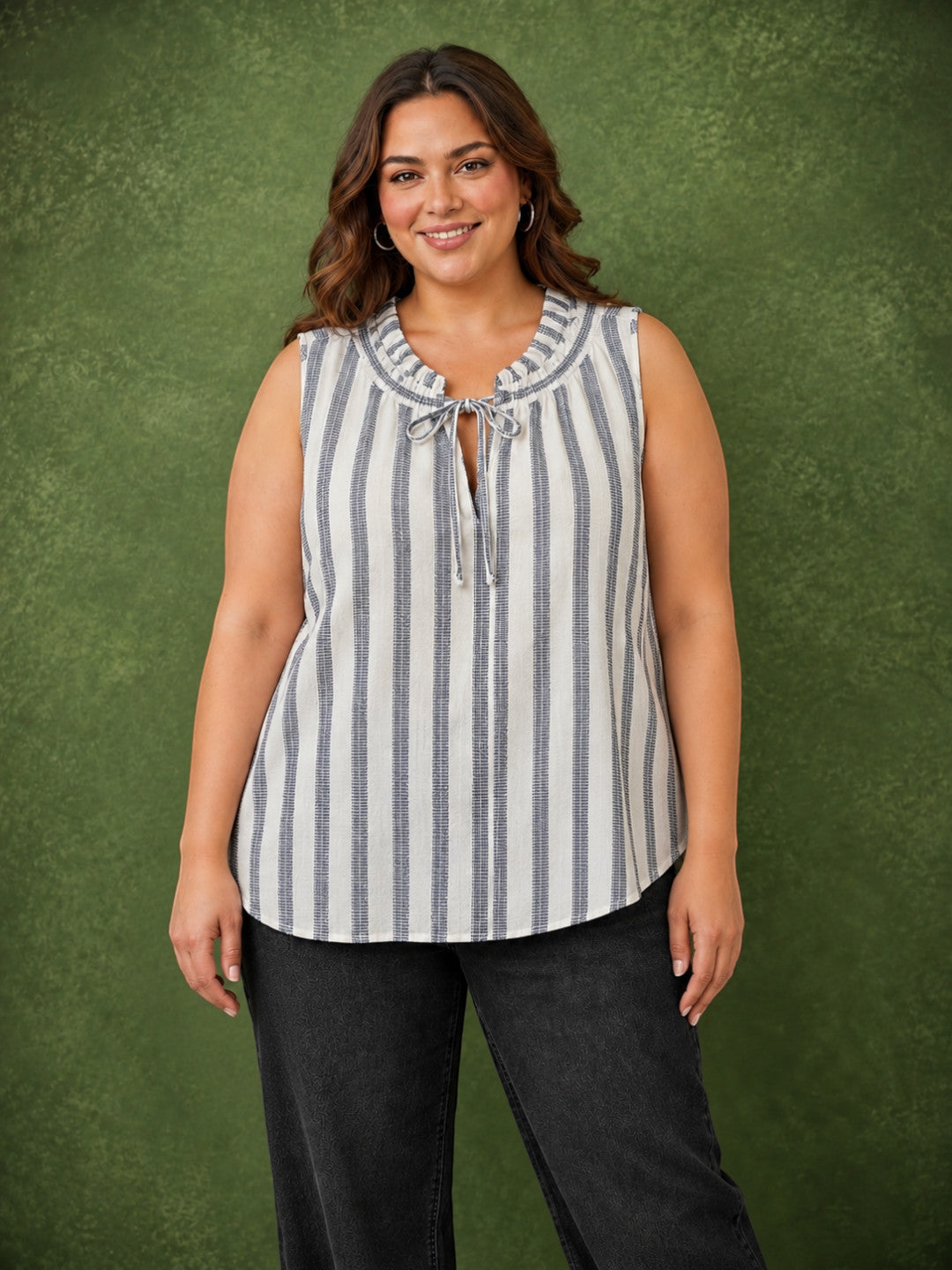 Women Plus Size White Stripe Print Round Keyhole Neck Tie-Up Detail Sleeveless Top