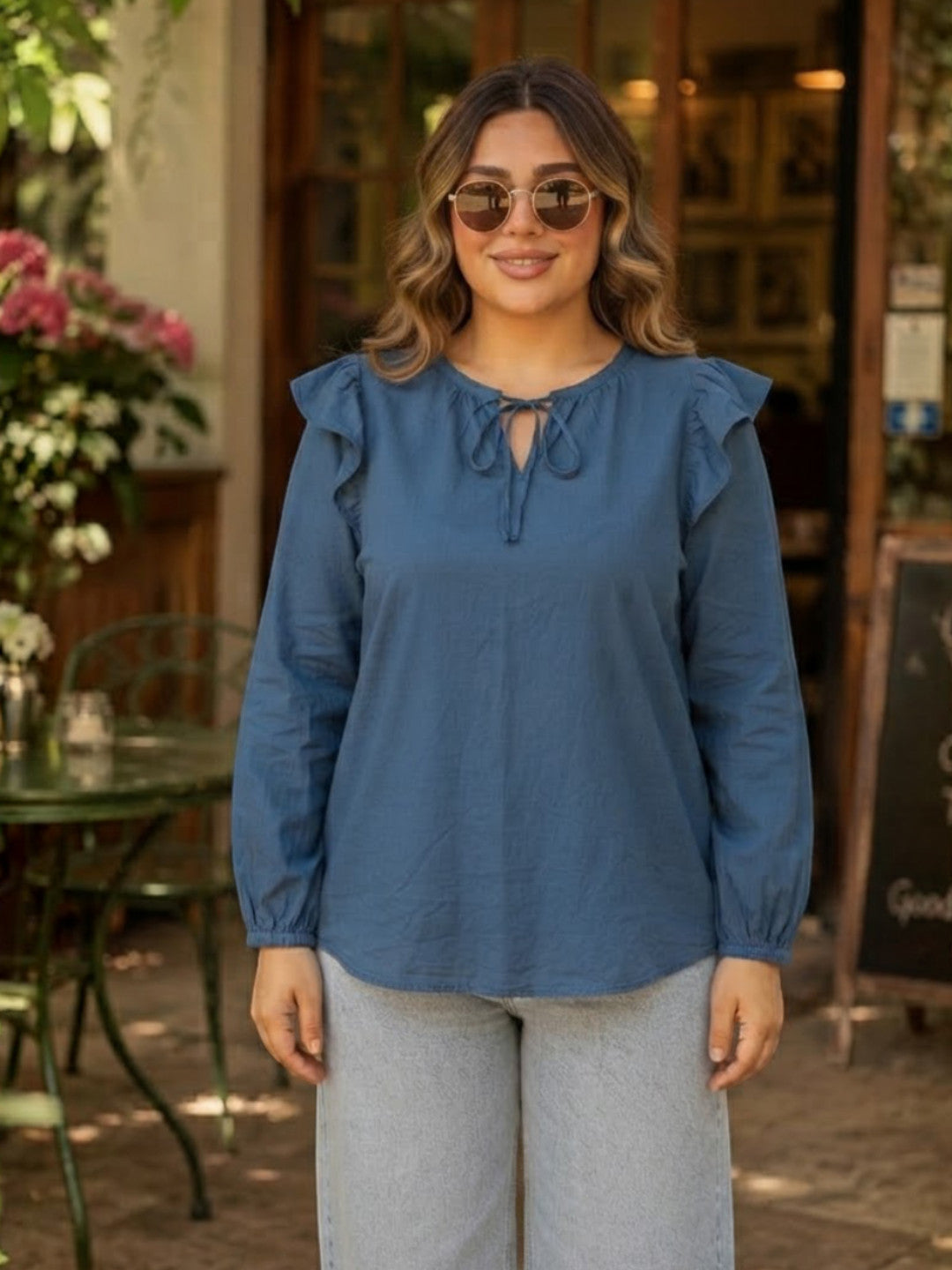 Women Plus Size Blue Cotton Top Oxolloxo