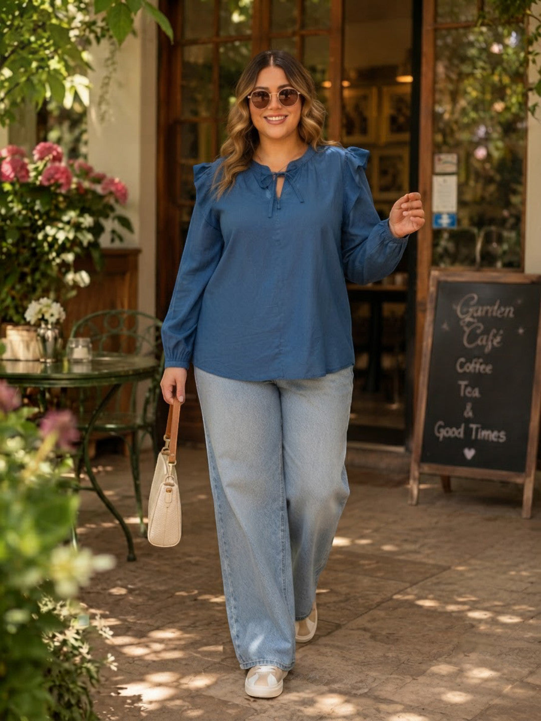 Women Plus Size Blue Cotton Top Oxolloxo