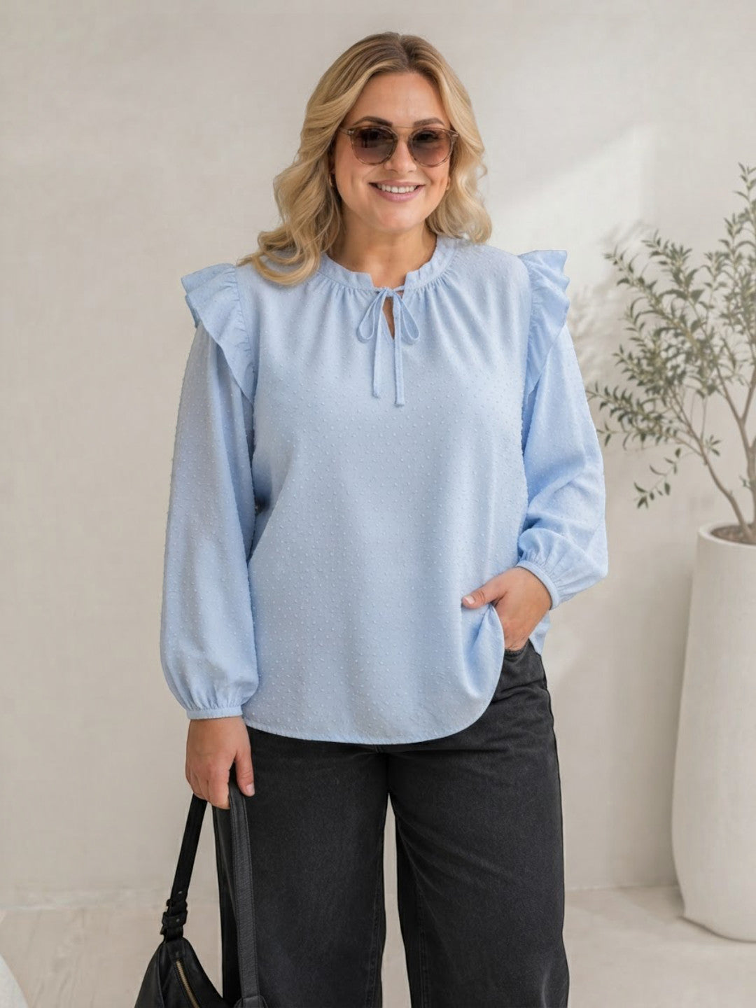 Women Plus Size Blue Swiss Dot Dobby Cotton Top Oxolloxo