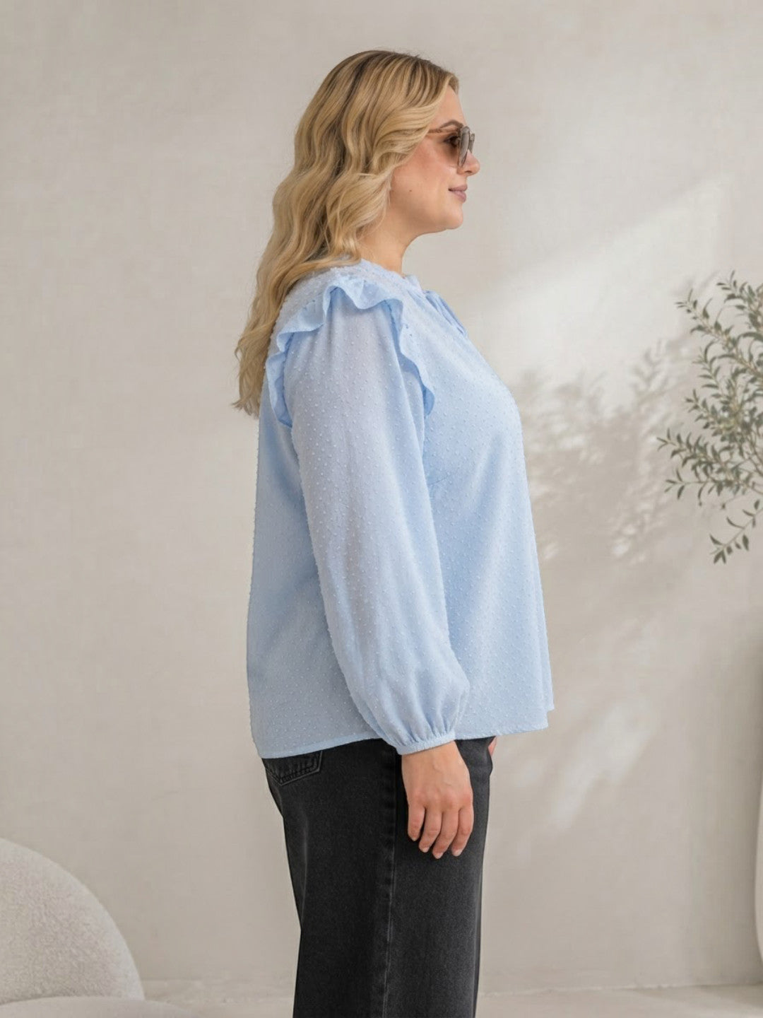 Women Plus Size Blue Swiss Dot Dobby Cotton Top Oxolloxo