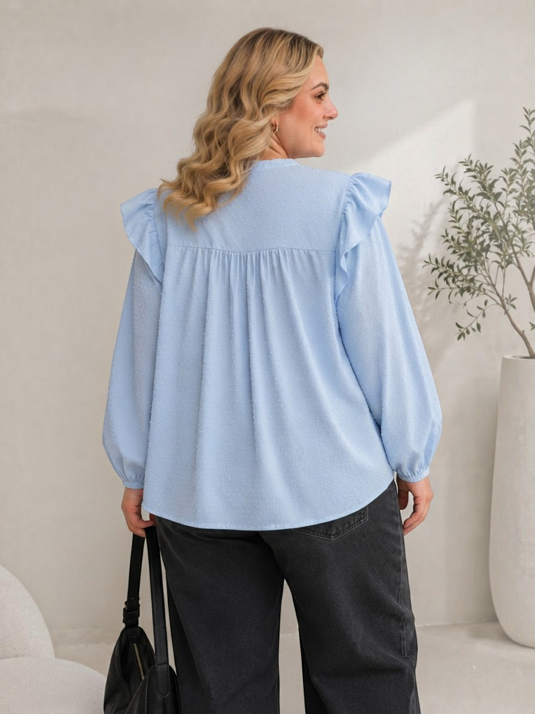 Women Plus Size Blue Swiss Dot Dobby Cotton Top Oxolloxo