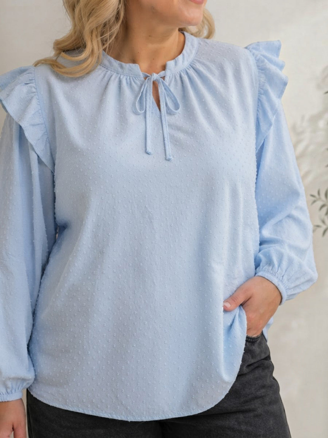 Women Plus Size Blue Swiss Dot Dobby Cotton Top Oxolloxo