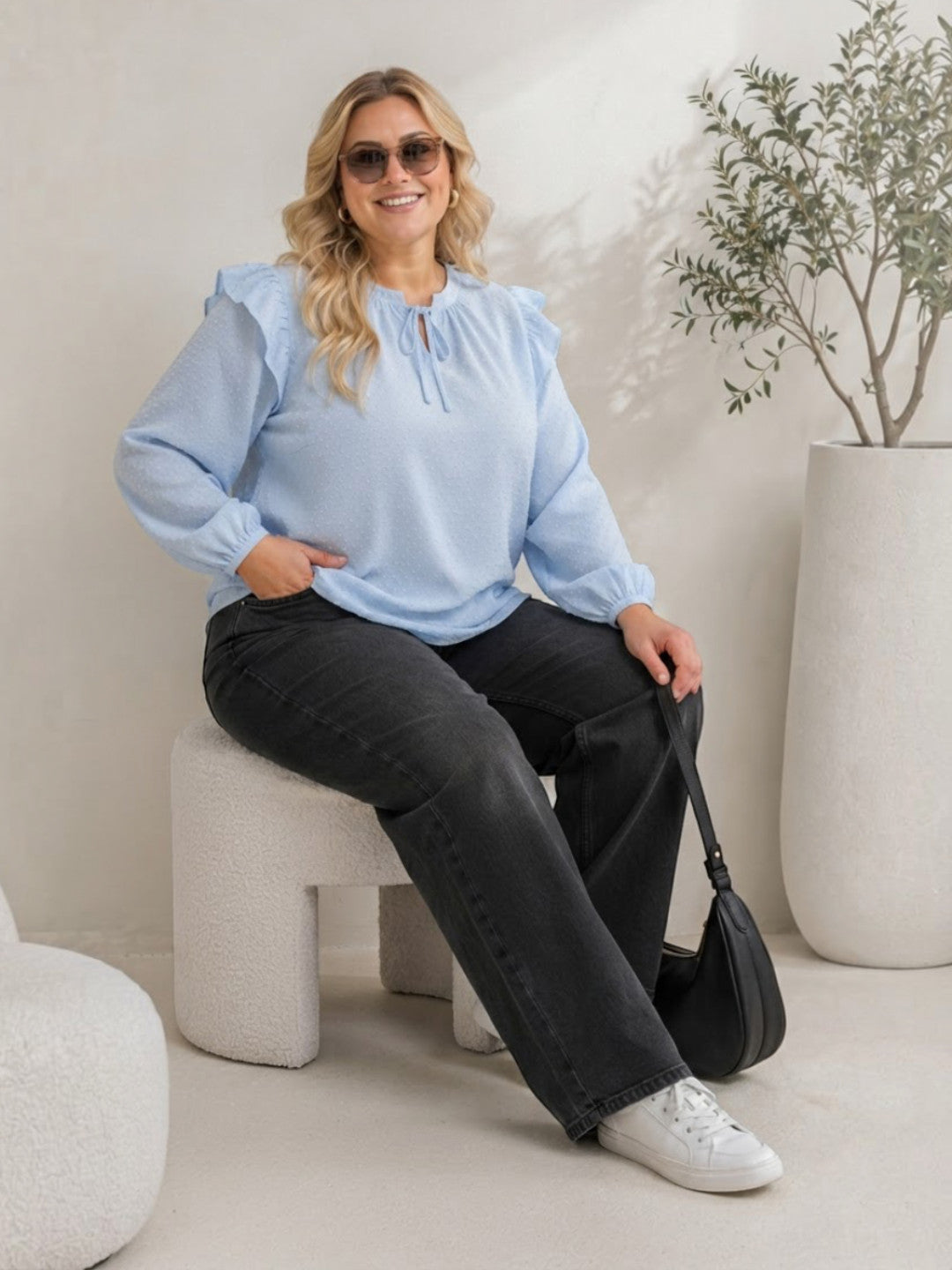 Women Plus Size Blue Swiss Dot Dobby Cotton Top Oxolloxo