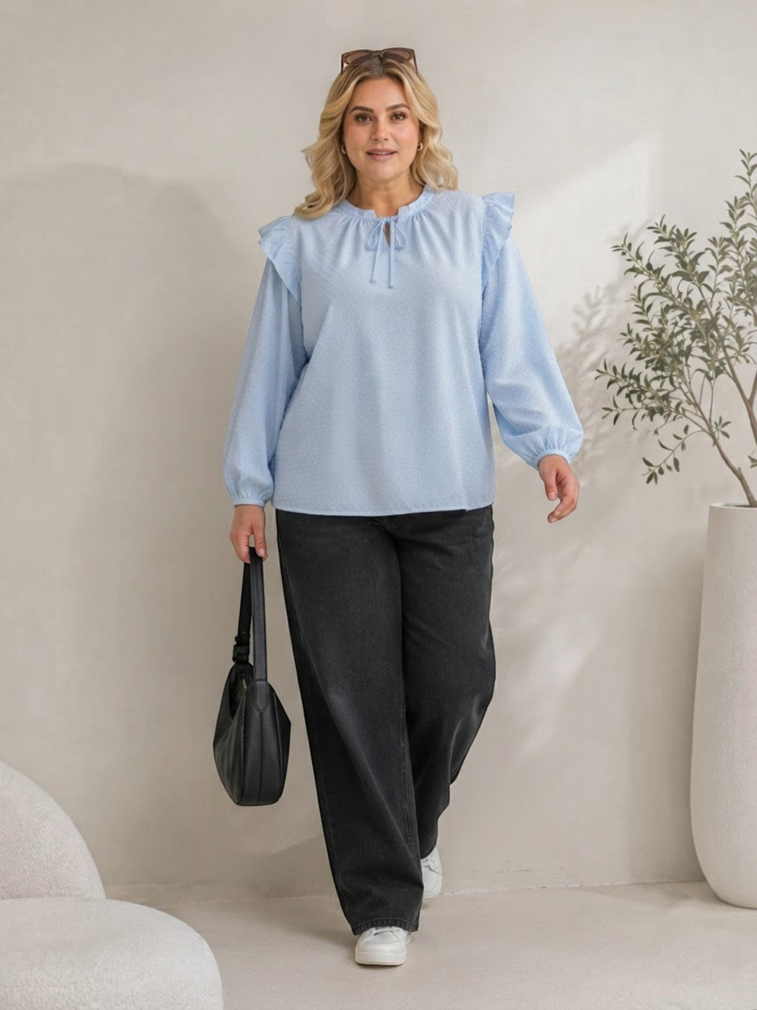 Women Plus Size Blue Swiss Dot Dobby Cotton Top Oxolloxo