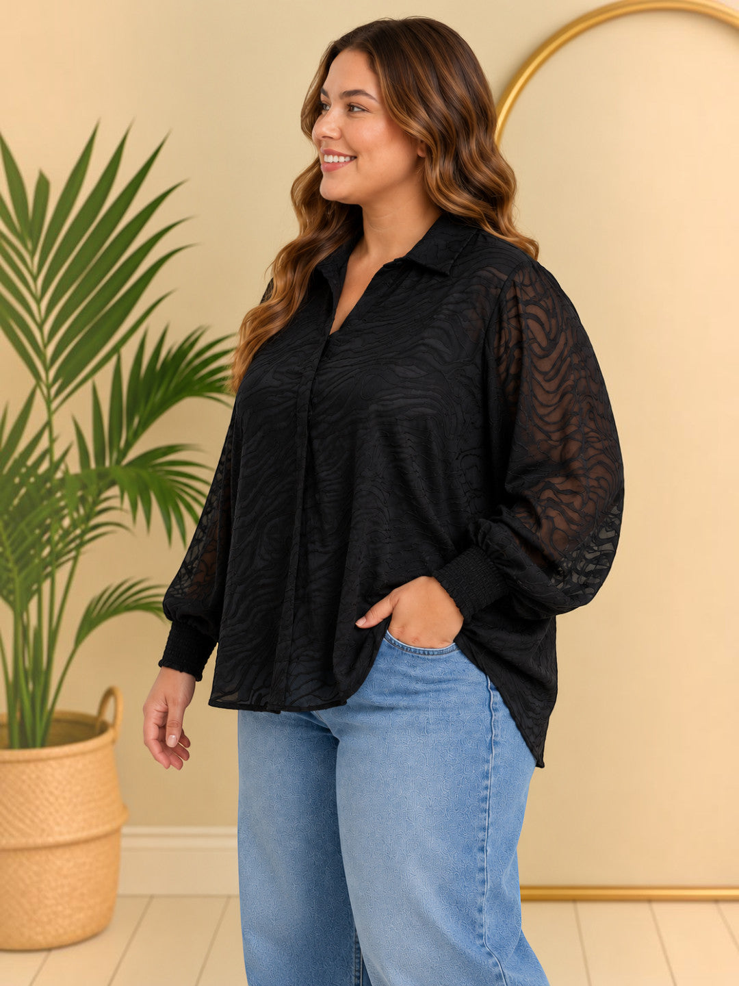 Women Plus Size Black V-Neck Collared Long Sleeve Smocked Poly Dobby Top
