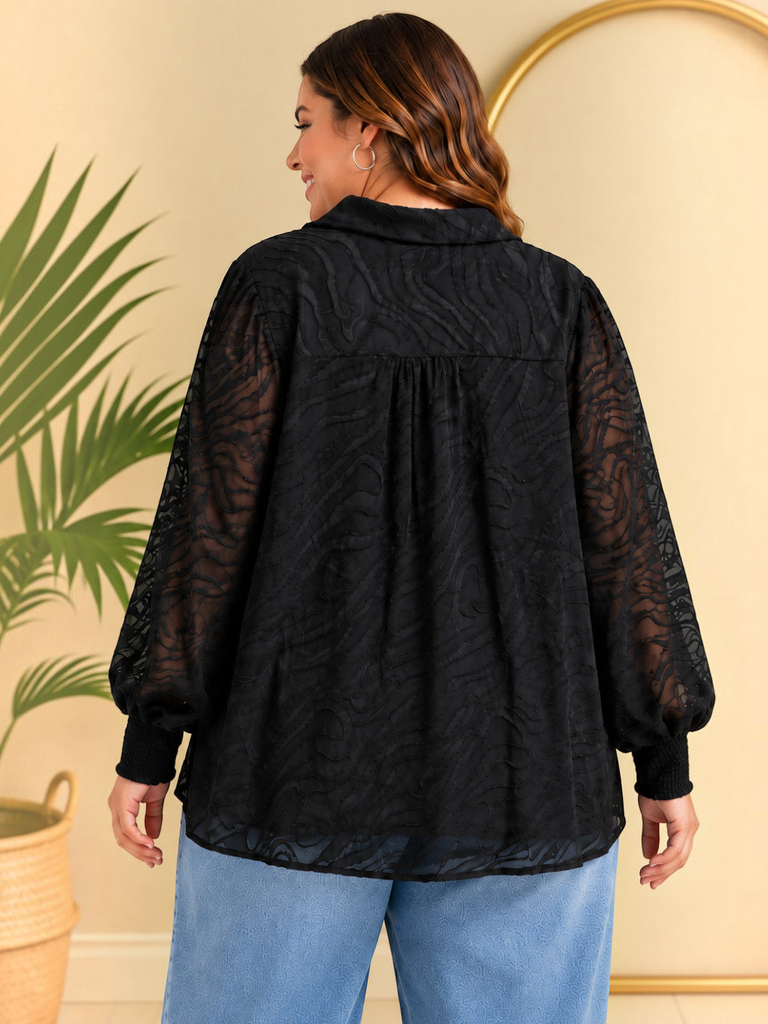 Women Plus Size Black V-Neck Collared Long Sleeve Smocked Poly Dobby Top