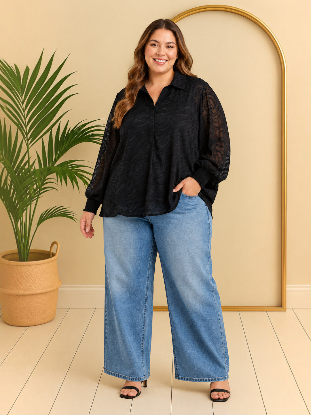Women Plus Size Black V-Neck Collared Long Sleeve Smocked Poly Dobby Top