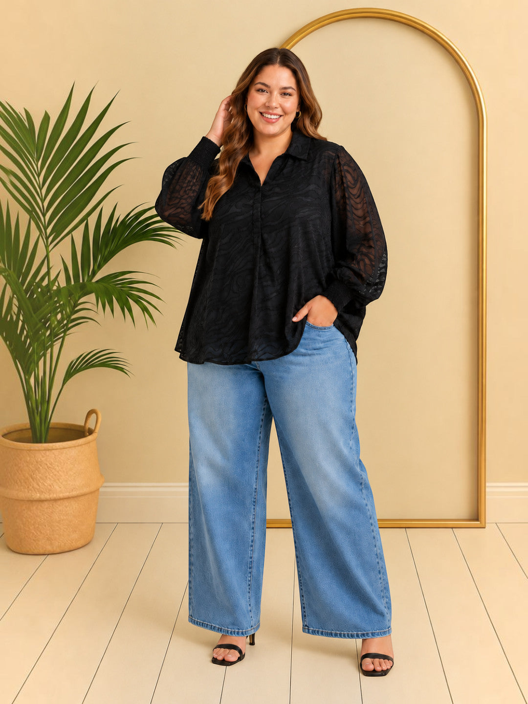 Women Plus Size Black V-Neck Collared Long Sleeve Smocked Poly Dobby Top
