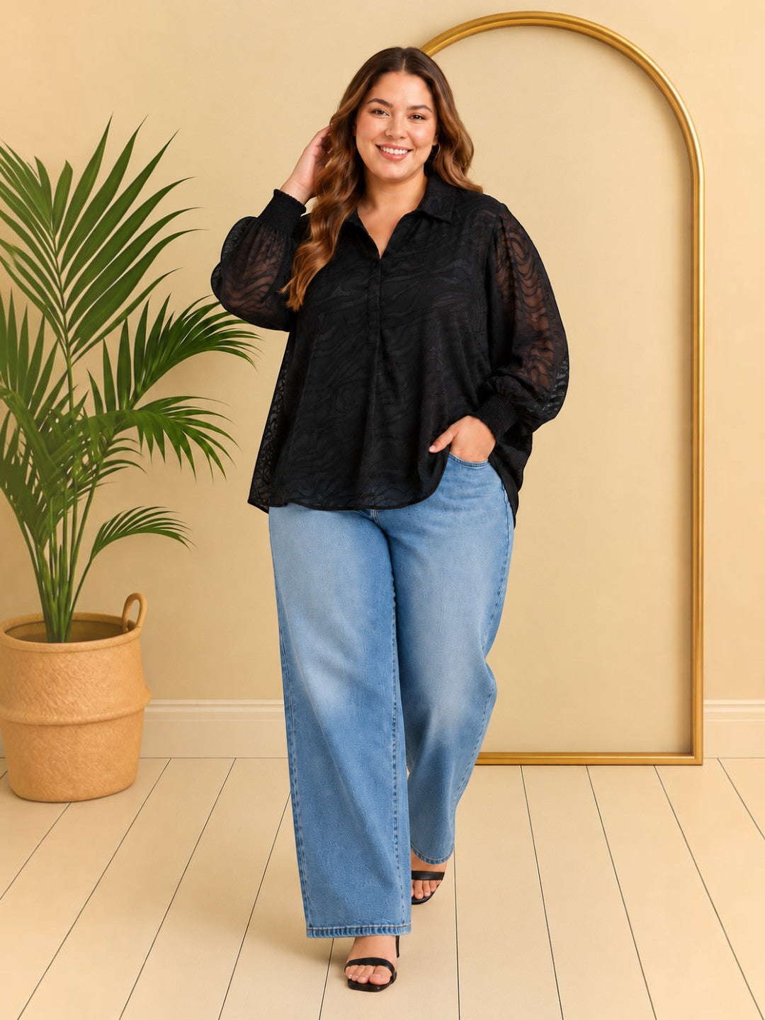 Women Plus Size Black V-Neck Collared Long Sleeve Smocked Poly Dobby Top