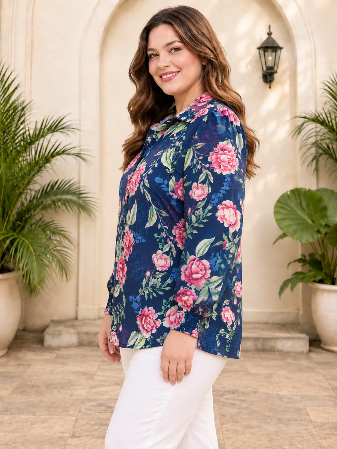Women Plus Size Blue Floral Print V-Neck Collared Long Sleeve Smocked Poly Dobby Top