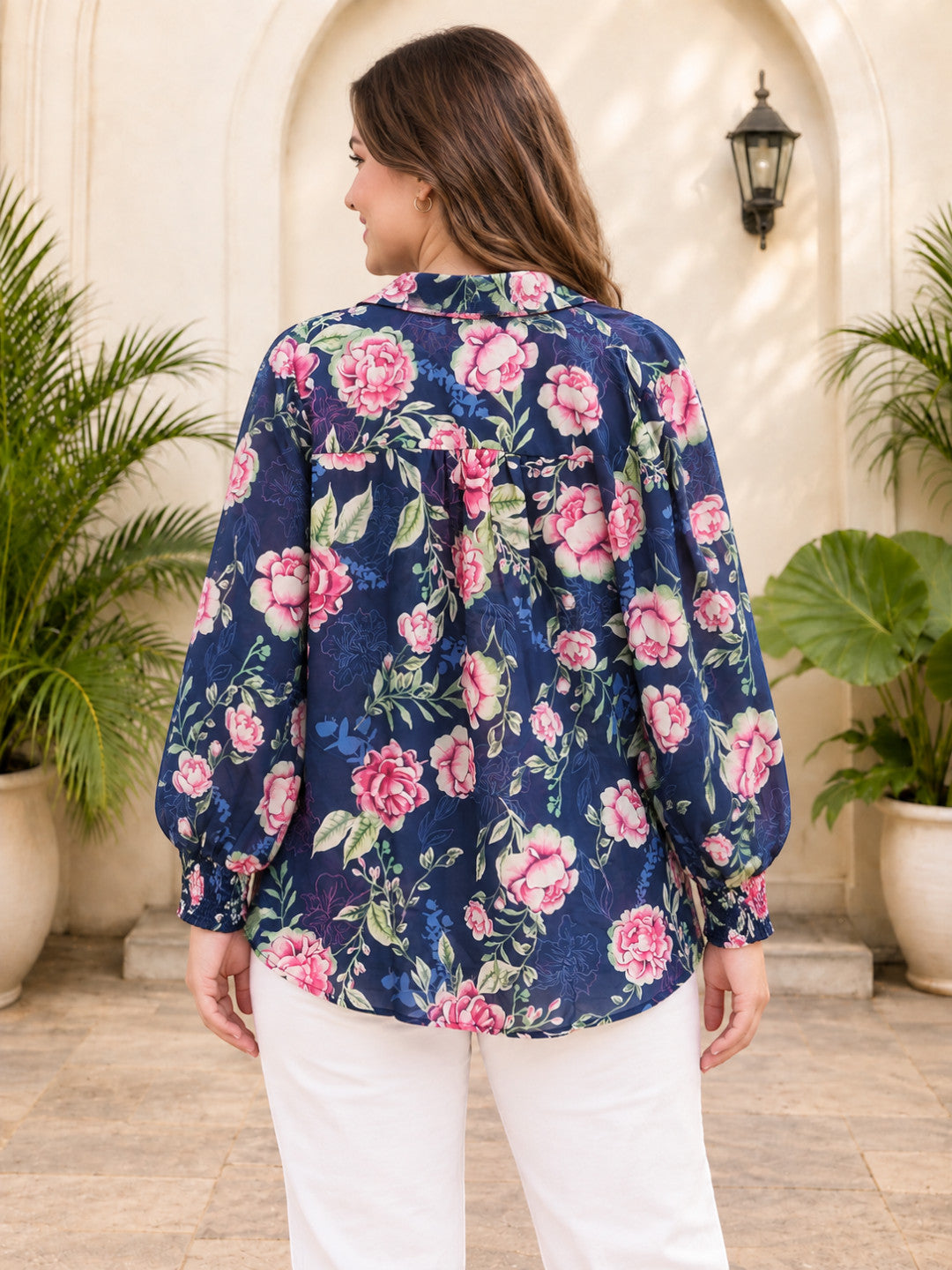 Women Plus Size Blue Floral Print V-Neck Collared Long Sleeve Smocked Poly Dobby Top