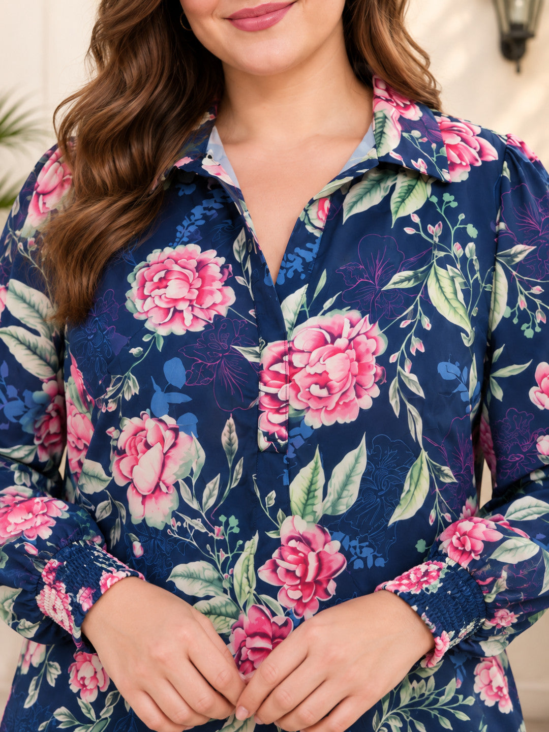 Women Plus Size Blue Floral Print V-Neck Collared Long Sleeve Smocked Poly Dobby Top