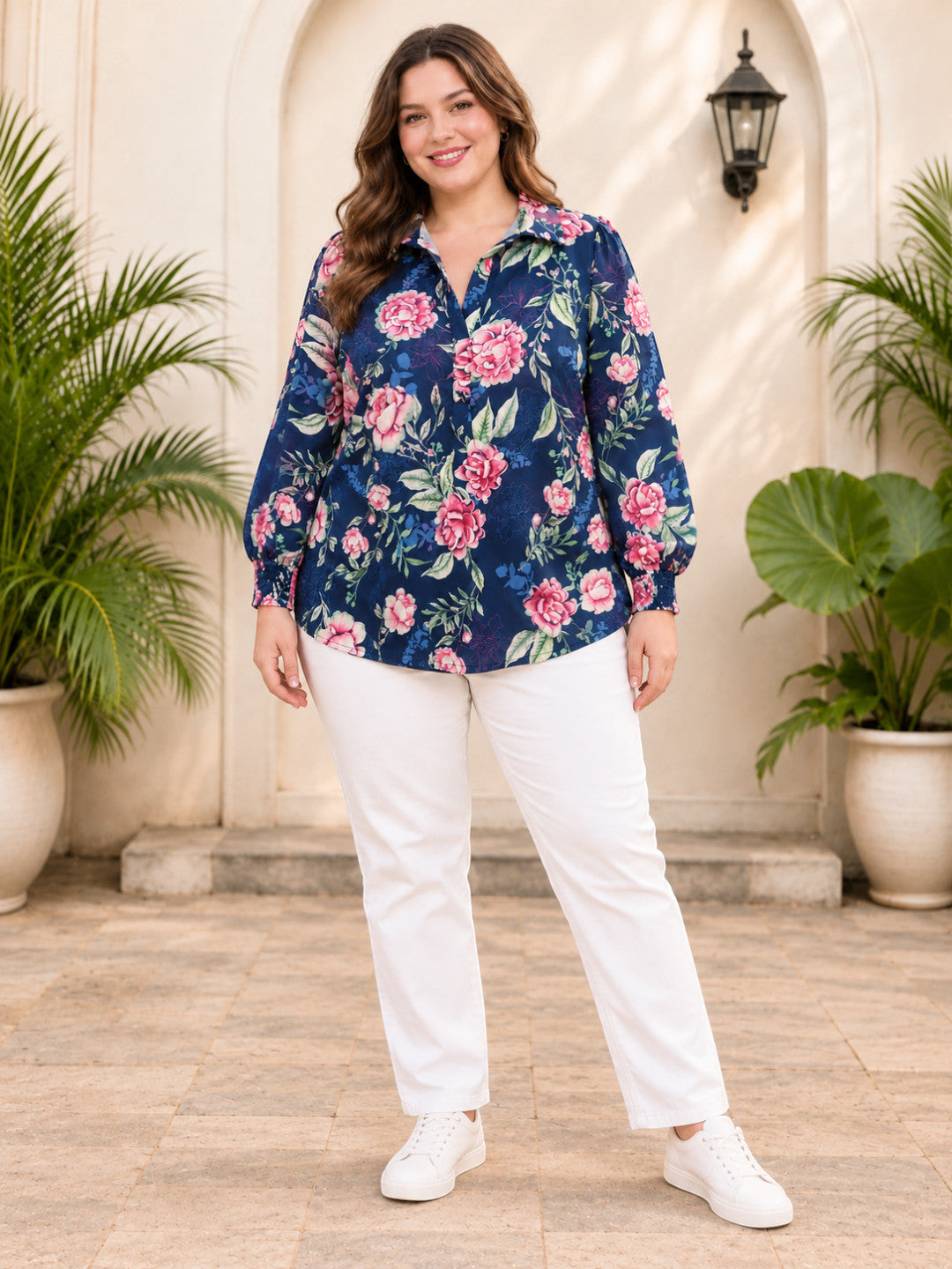 Women Plus Size Blue Floral Print V-Neck Collared Long Sleeve Smocked Poly Dobby Top