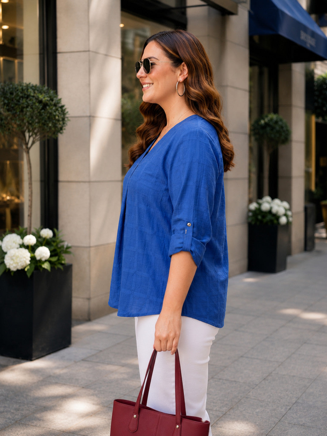 Women Plus Size Blue Check Cotton Top Oxolloxo