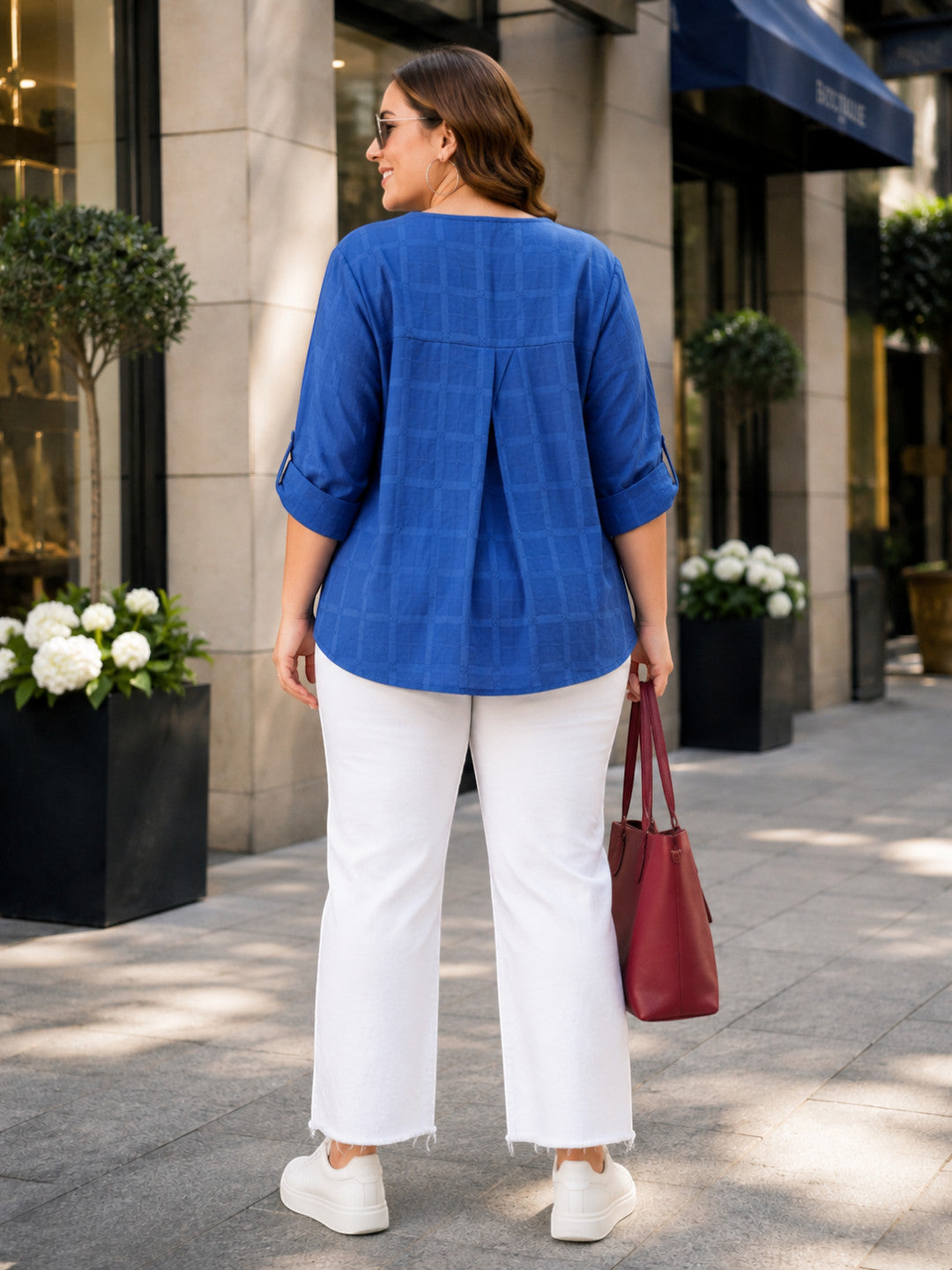 Women Plus Size Blue Check Cotton Top Oxolloxo