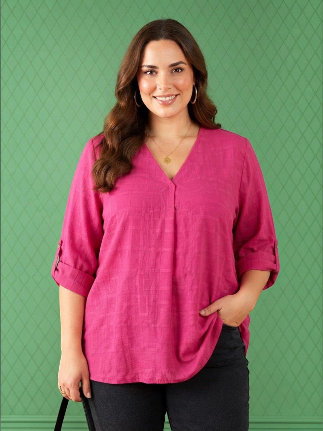 Women Plus Size Pink Check Cotton Top Oxolloxo