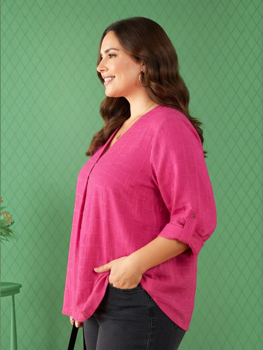 Women Plus Size Pink Check Cotton Top Oxolloxo
