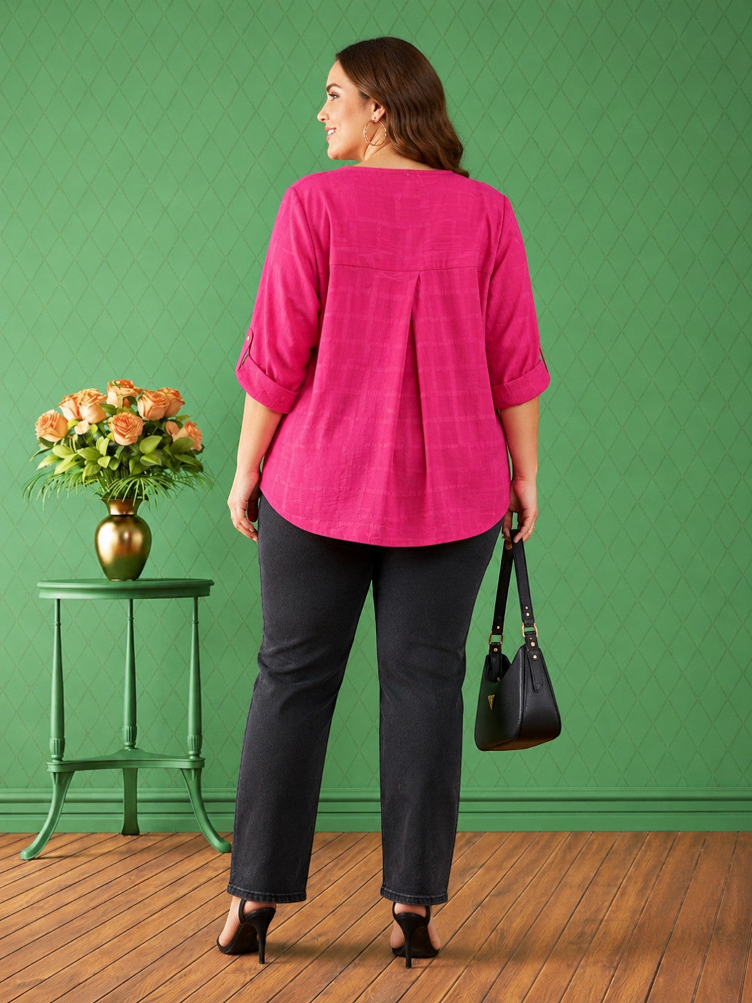 Women Plus Size Pink Check Cotton Top Oxolloxo