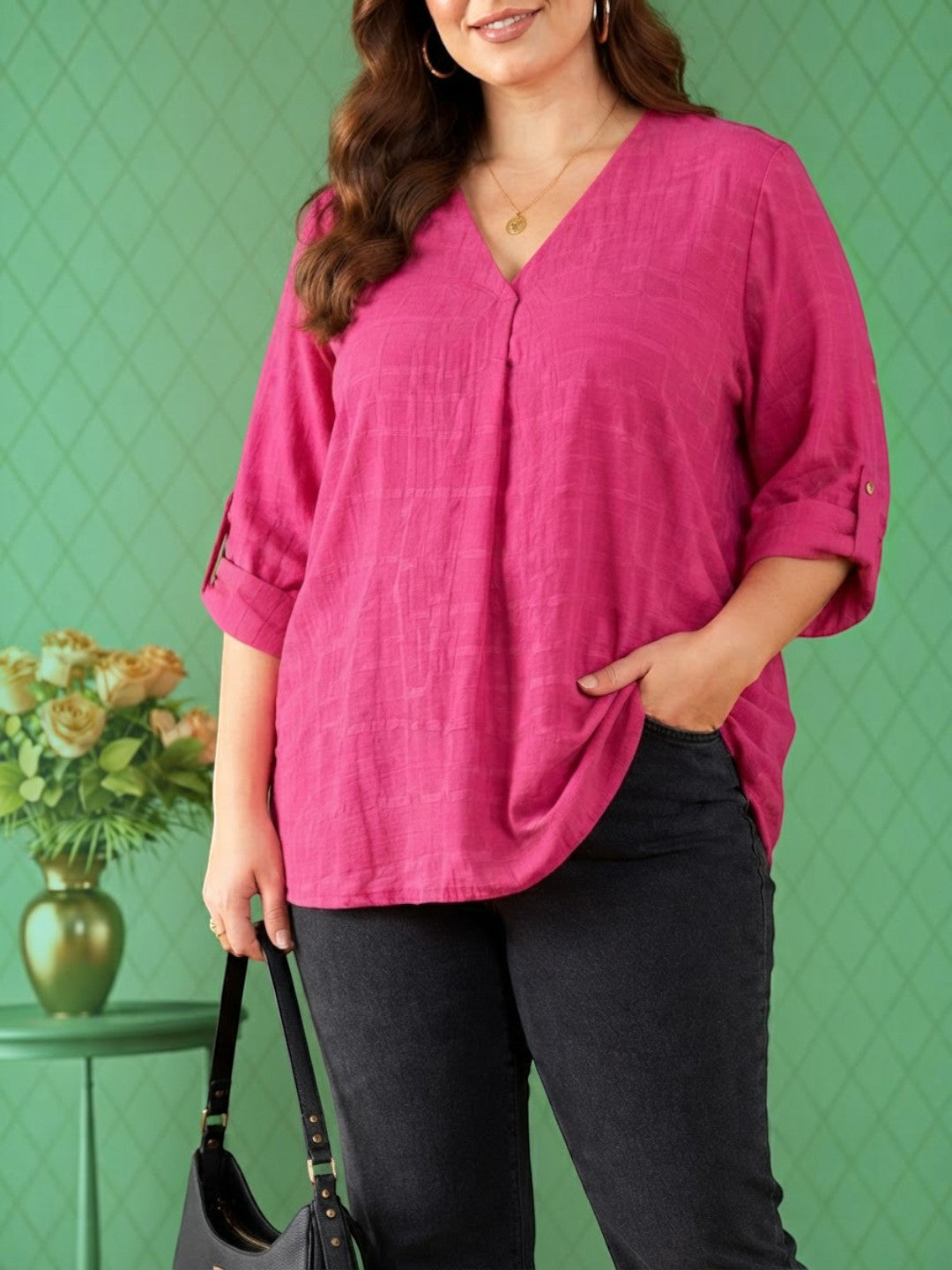 Women Plus Size Pink Check Cotton Top Oxolloxo