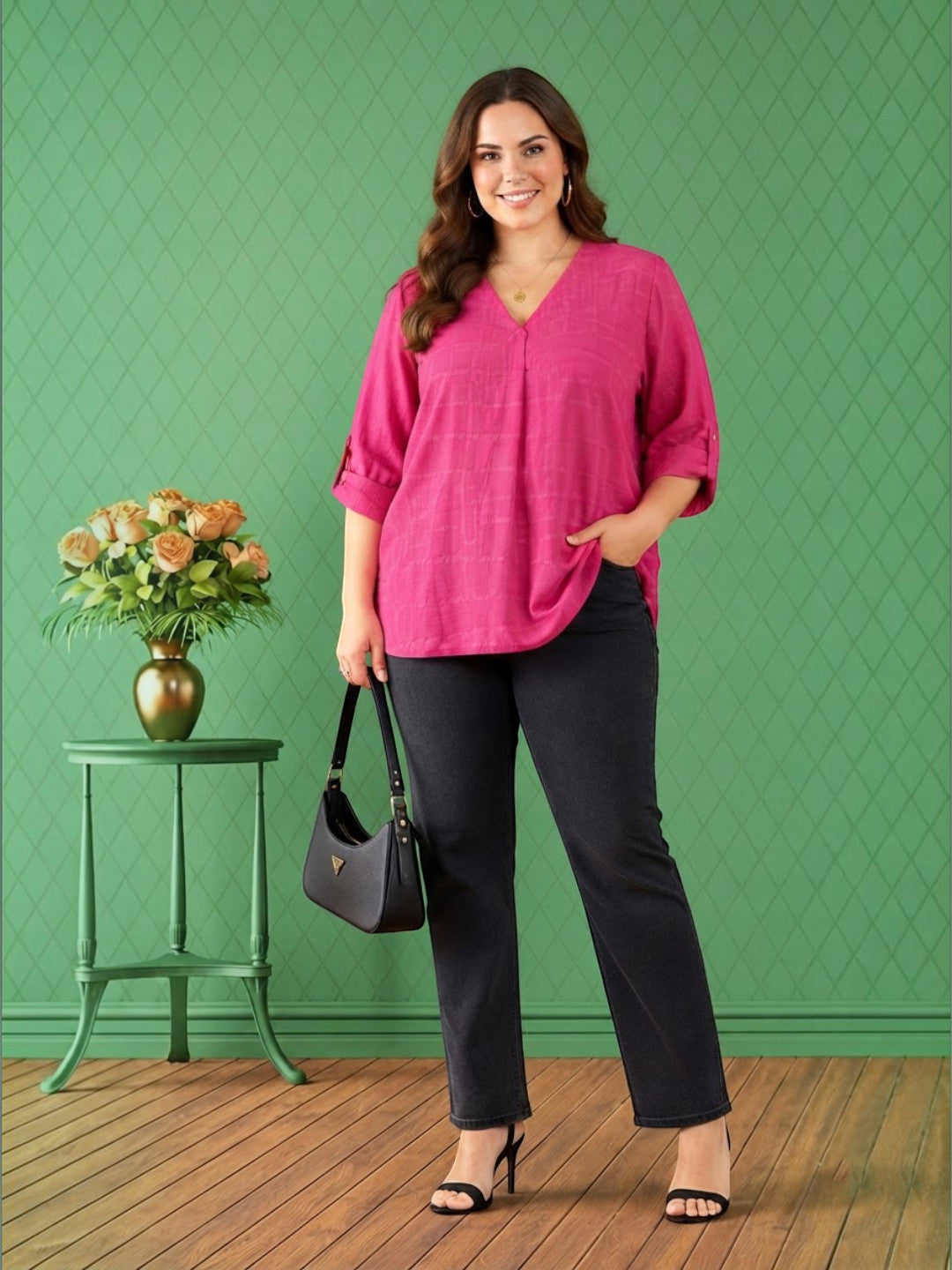 Women Plus Size Pink Check Cotton Top Oxolloxo