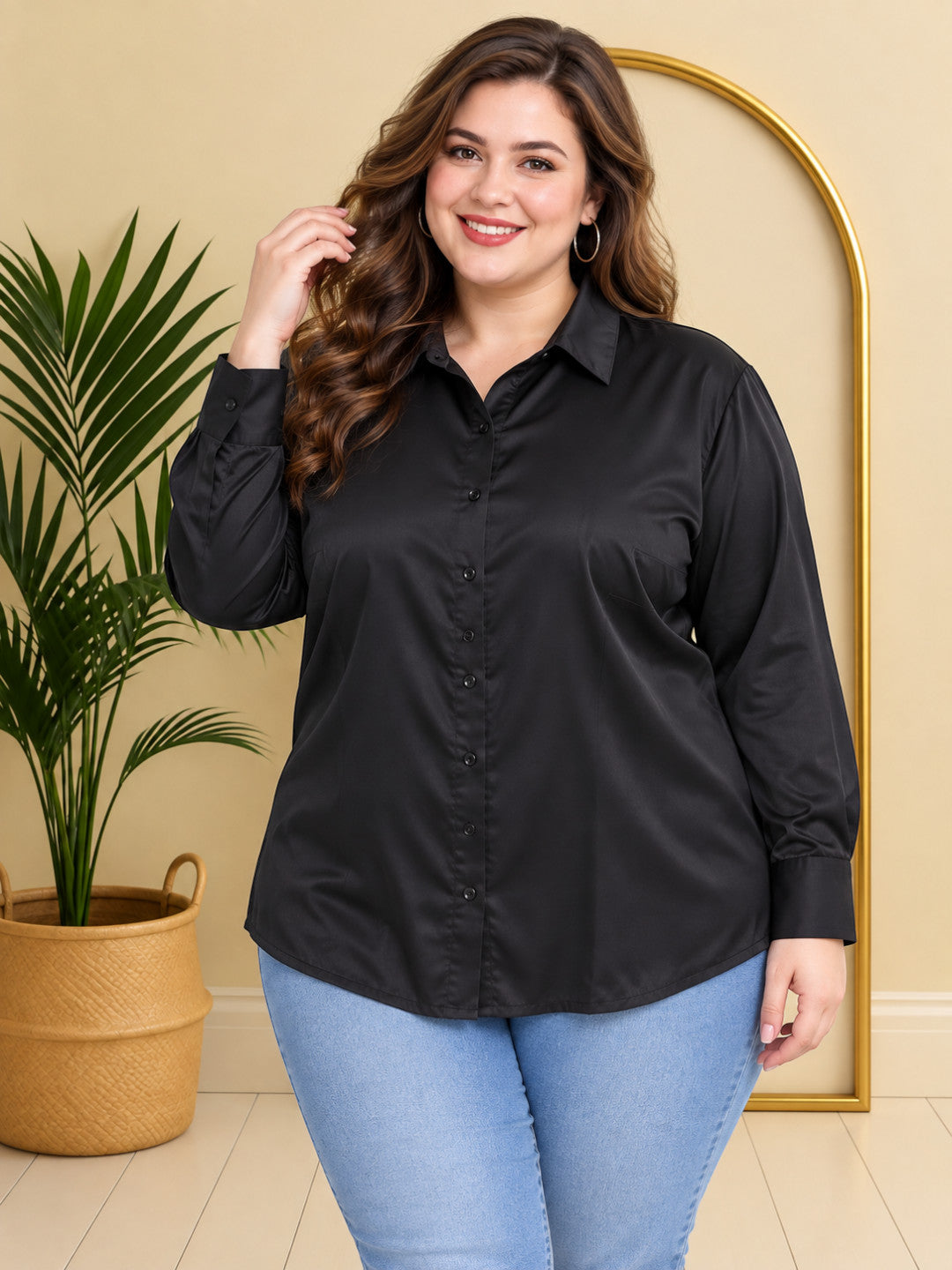 Women Plus Size Black Solid Collared Long Sleeve Shirt