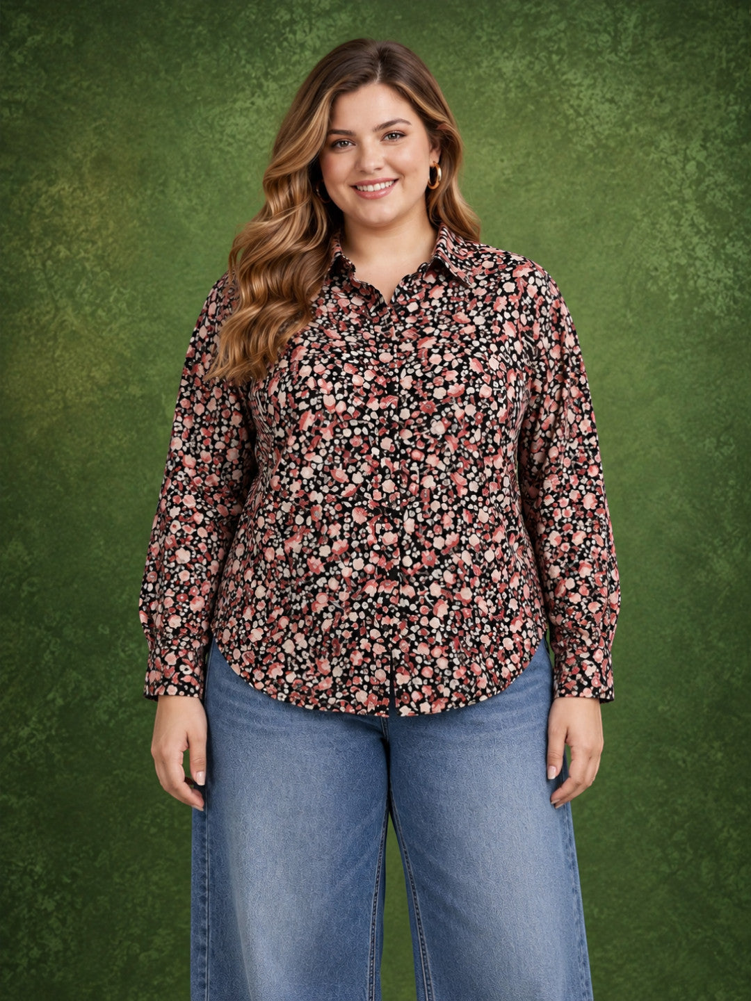Women Plus Size Black Floral Print Collared Long Sleeve Shirt