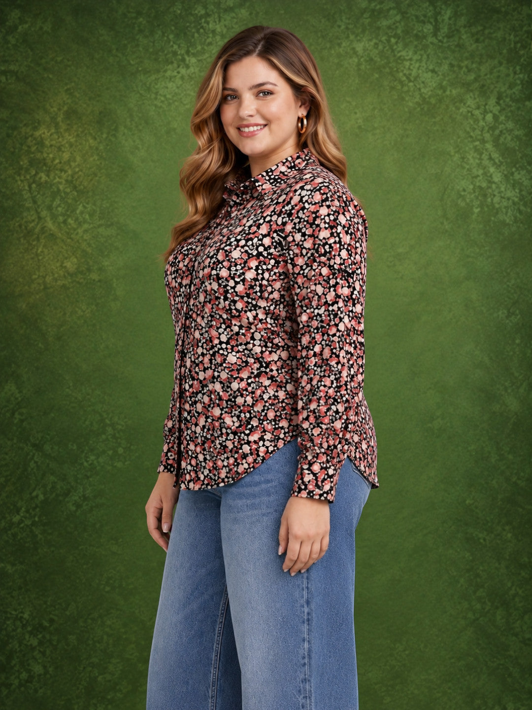 Women Plus Size Black Floral Print Collared Long Sleeve Shirt