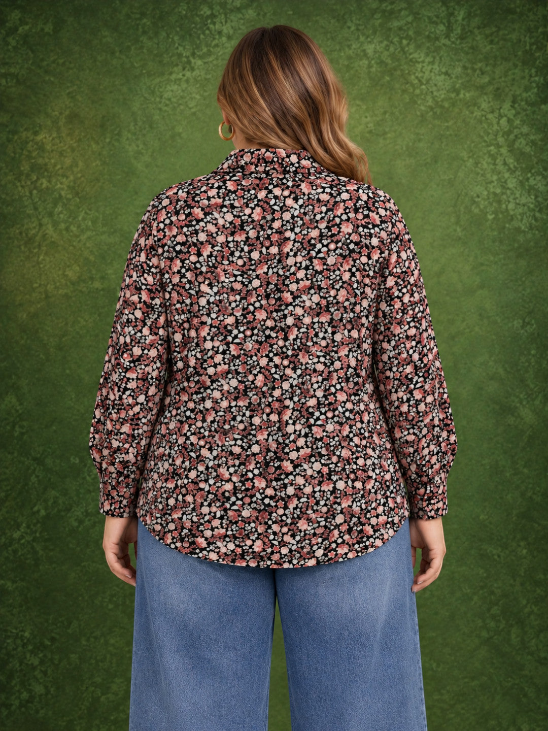 Women Plus Size Black Floral Print Collared Long Sleeve Shirt