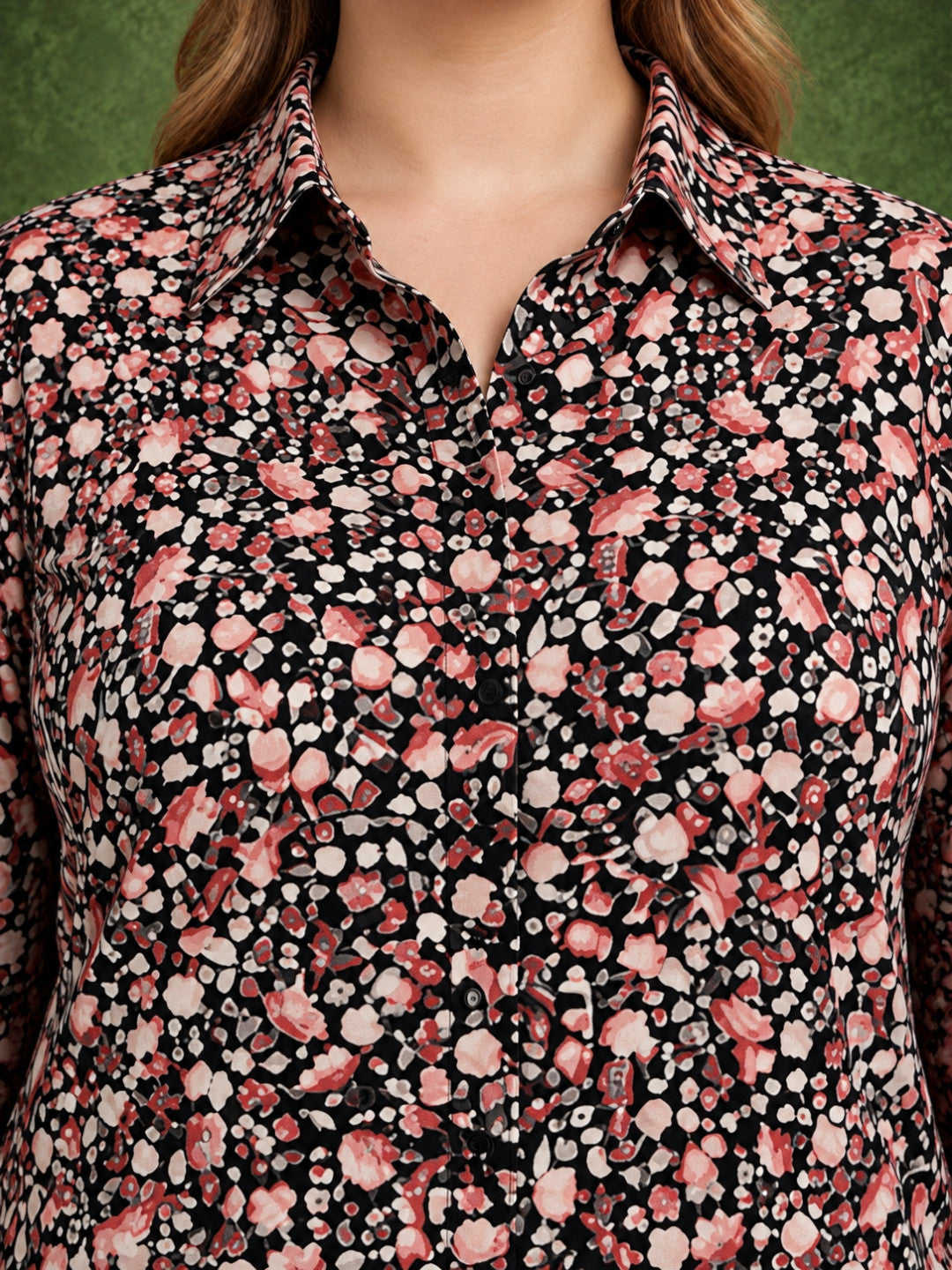Women Plus Size Black Floral Print Collared Long Sleeve Shirt
