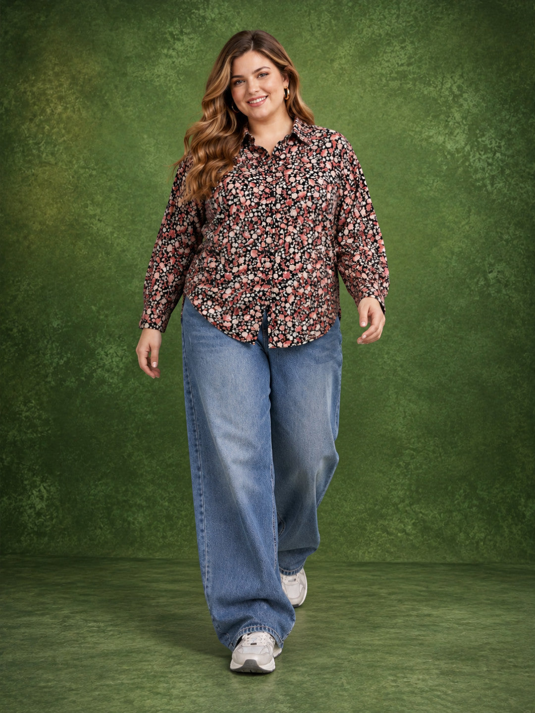 Women Plus Size Black Floral Print Collared Long Sleeve Shirt