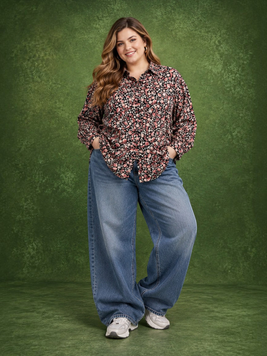 Women Plus Size Black Floral Print Collared Long Sleeve Shirt