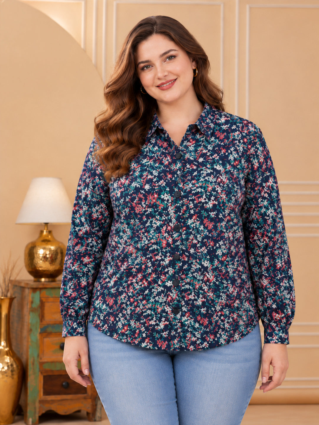 Women Plus Size Blue Collared Floral Print Long Sleeve Shirt