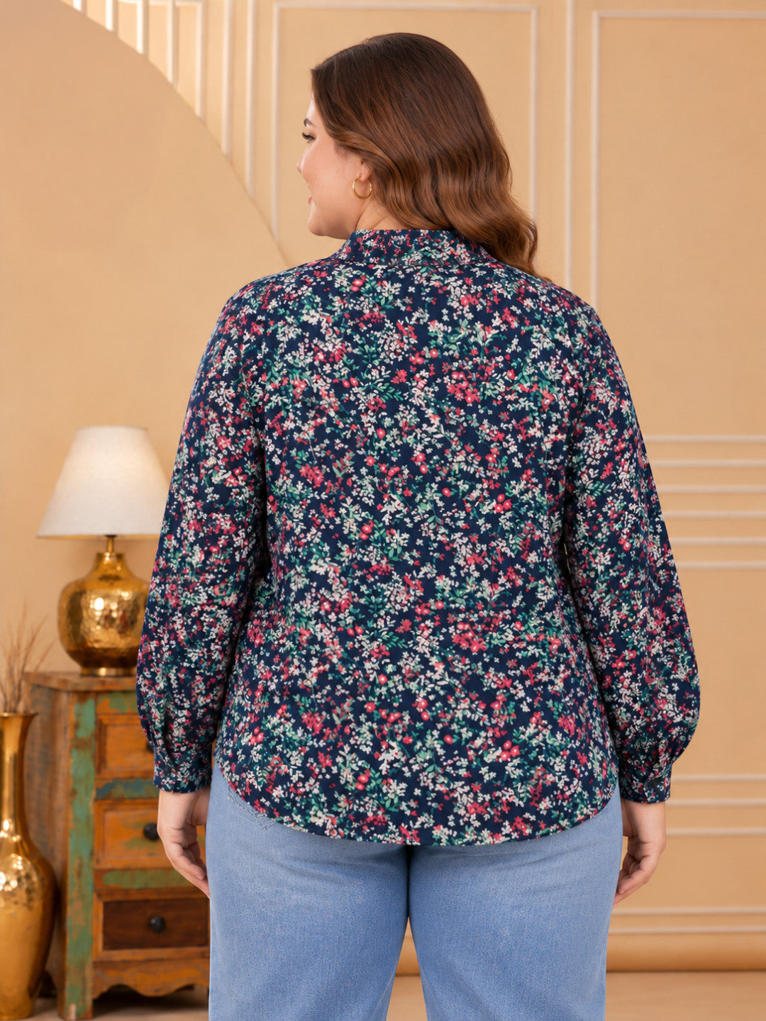 Women Plus Size Blue Collared Floral Print Long Sleeve Shirt
