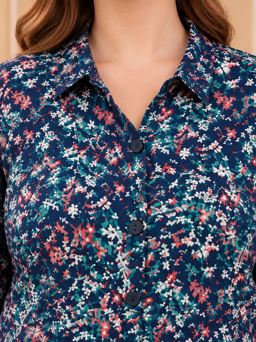 Women Plus Size Blue Collared Floral Print Long Sleeve Shirt