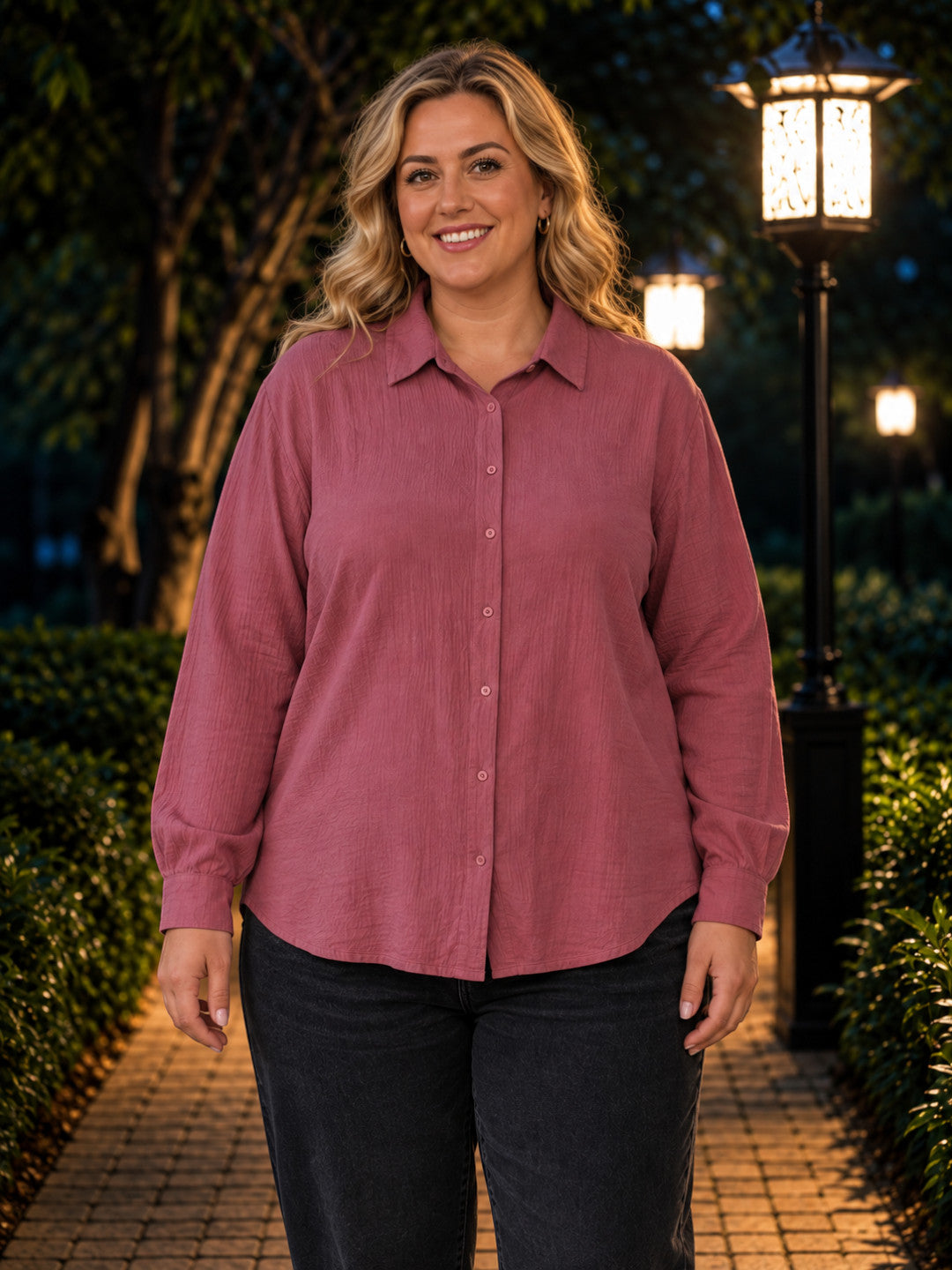 Women Plus Size Pink Solid Collared Long Sleeve Shirt